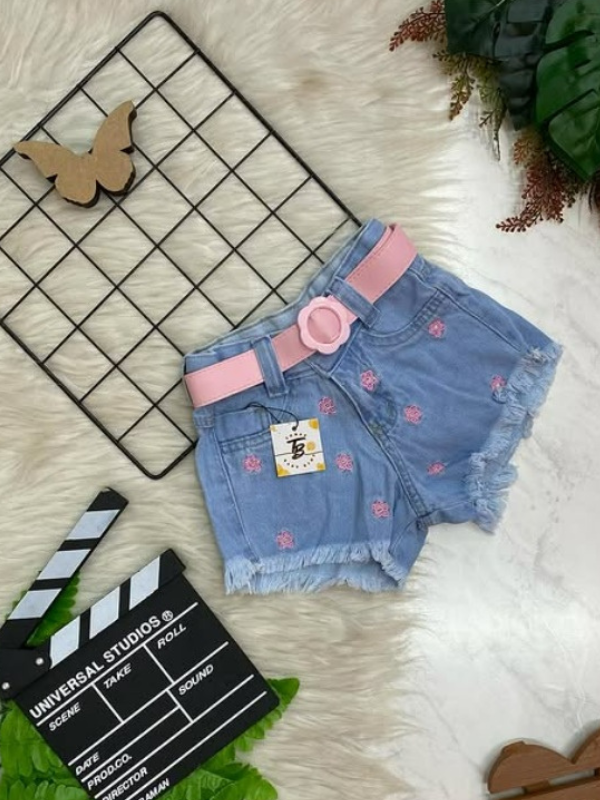 Shorts Jeans Bordado Com Cinto - Image 3